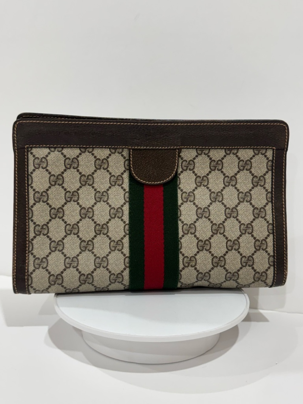 Gucci Beige GG Canvas Clutch with Green and Red Web Stripe